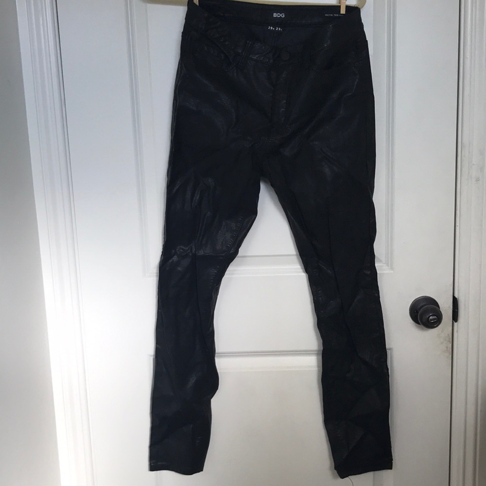 Black faux leather high rise skinny jeans